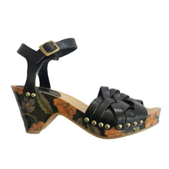 Isabel Marant Black Bianaca Leather Wooden Wedge Floral Print Sandals Eu 37 - Picture 4 of 12